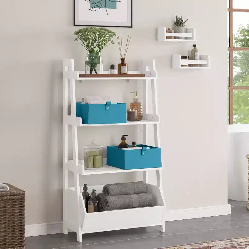 Étagère échelle à 4 niveaux de 61 cm avec bac de rangement, blanc