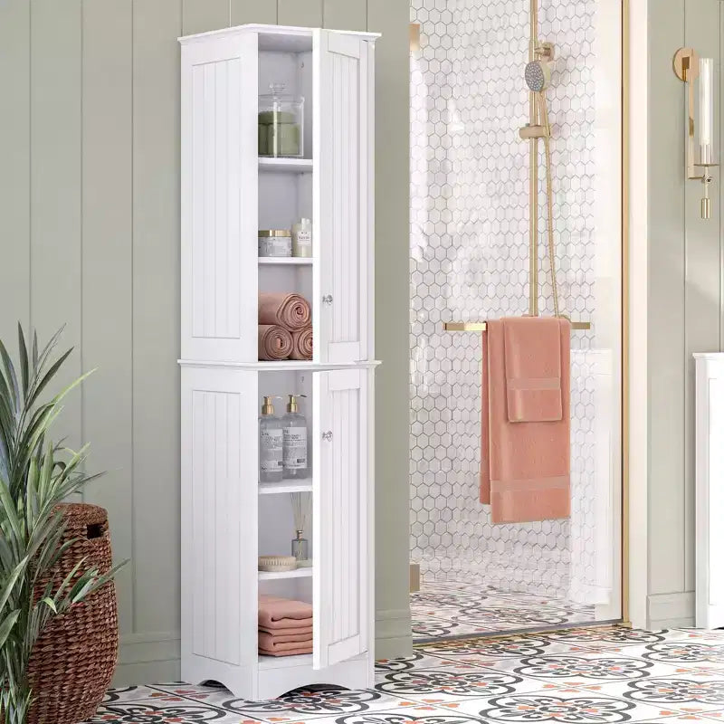 Meuble de rangement haut de salle de bain à deux portes et organisateur de linge avec étagères réglables Blanc
