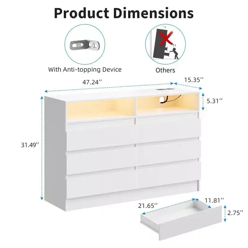 Commode double à 6 tiroirs avec lumière LED et prise de courant