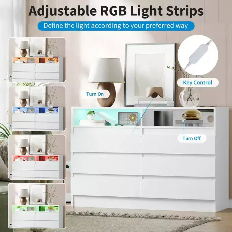 Commode double à 6 tiroirs avec lumière LED et prise de courant