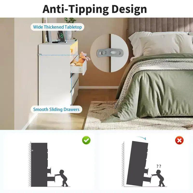 Commode double à 6 tiroirs avec lumière LED et prise de courant