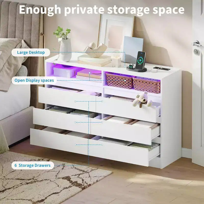 Commode double à 6 tiroirs avec lumière LED et prise de courant
