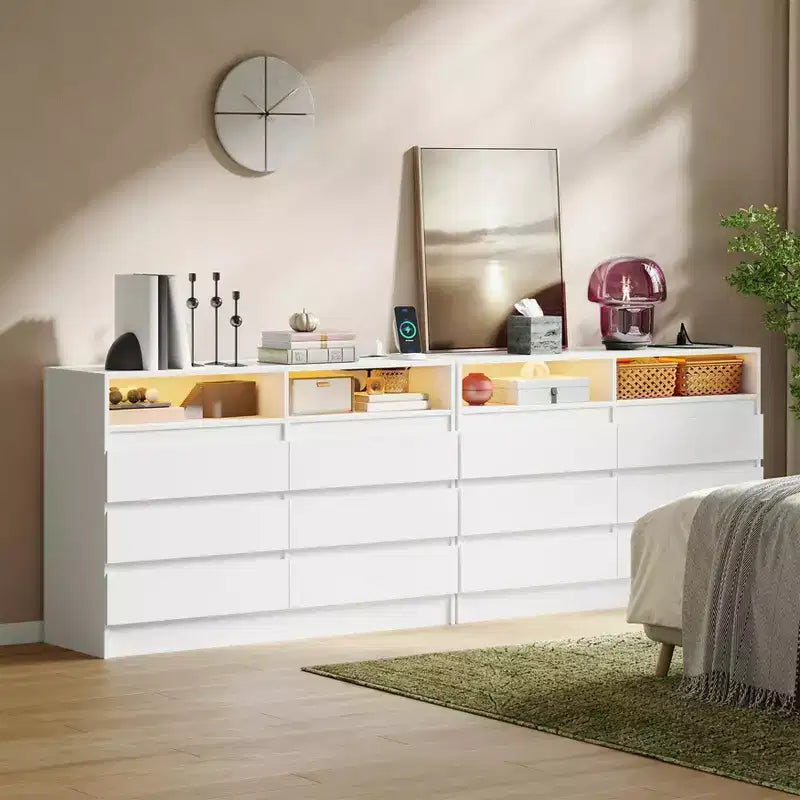 Commode double à 6 tiroirs avec lumière LED et prise de courant