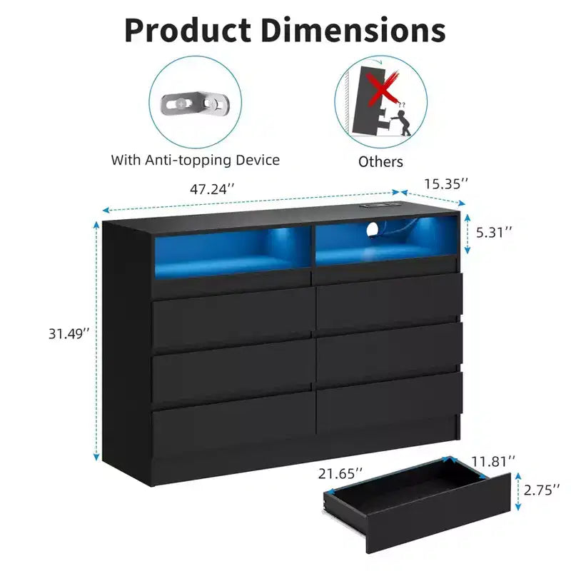 Commode double à 6 tiroirs avec lumière LED et prise de courant