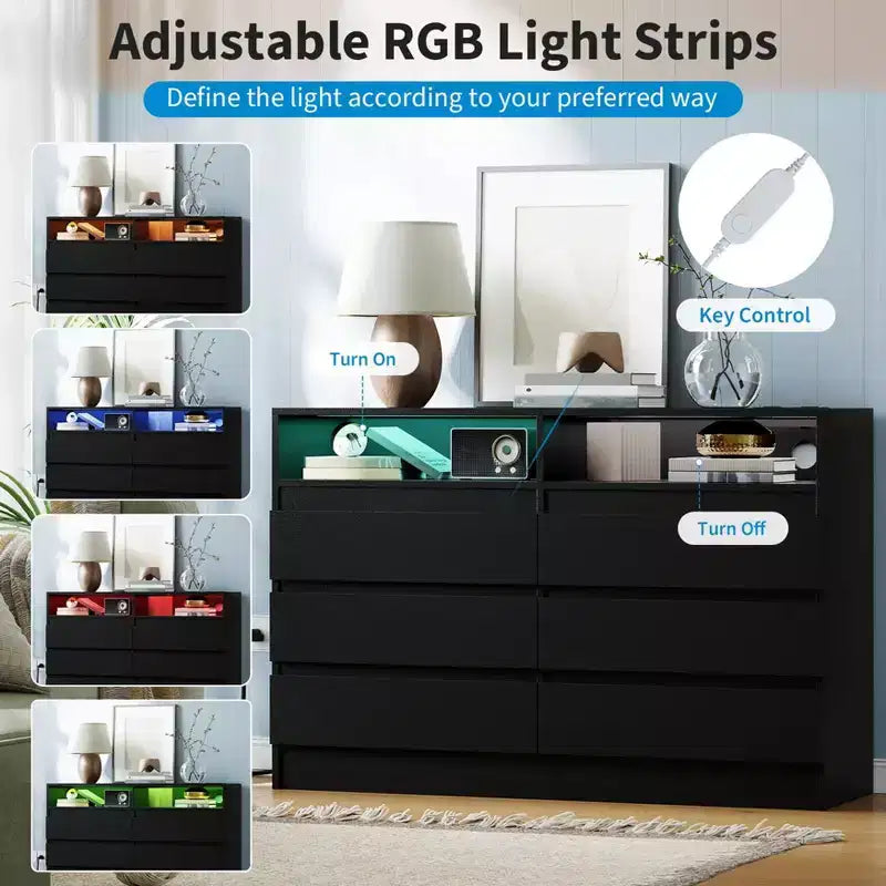 Commode double à 6 tiroirs avec lumière LED et prise de courant