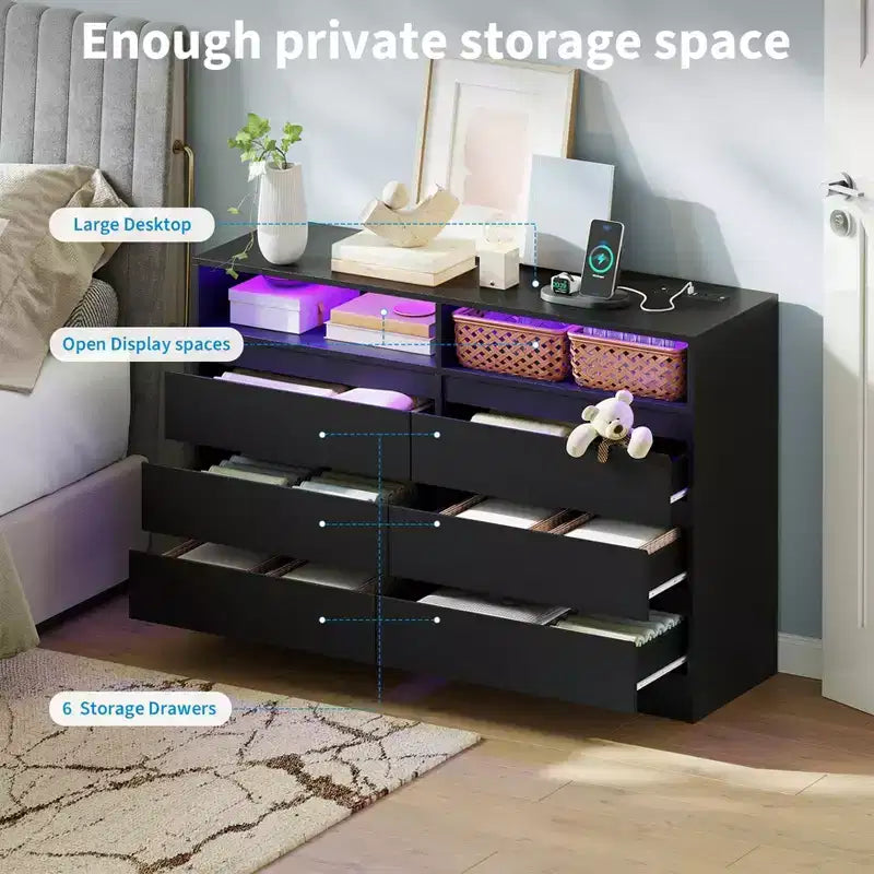 Commode double à 6 tiroirs avec lumière LED et prise de courant