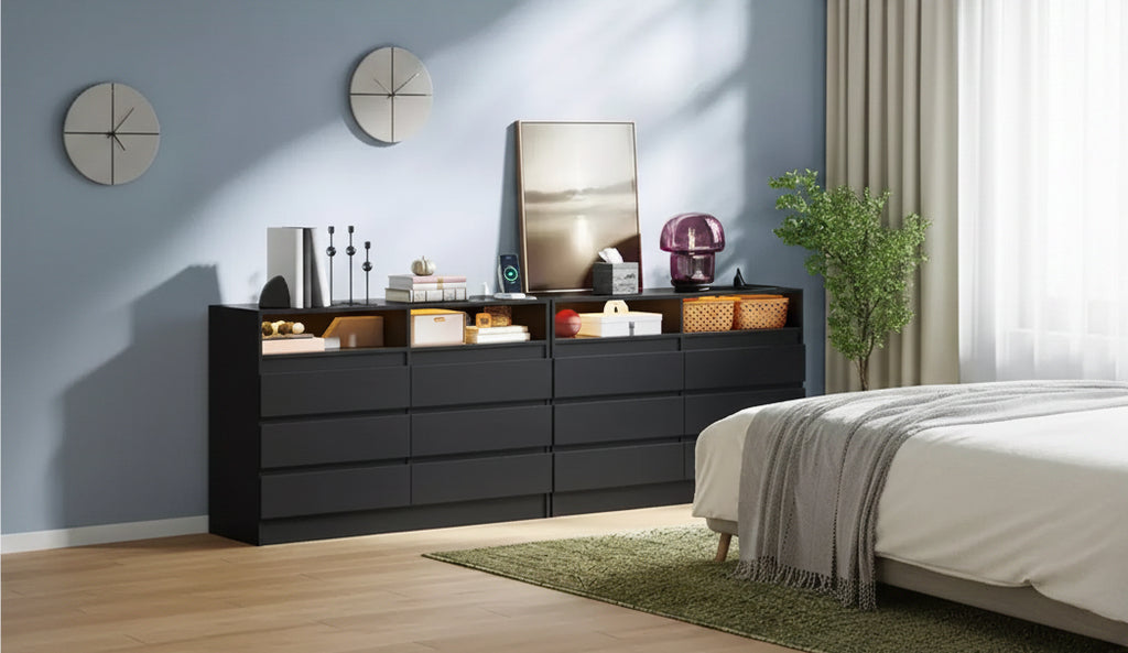 Commode double à 6 tiroirs avec lumière LED et prise de courant