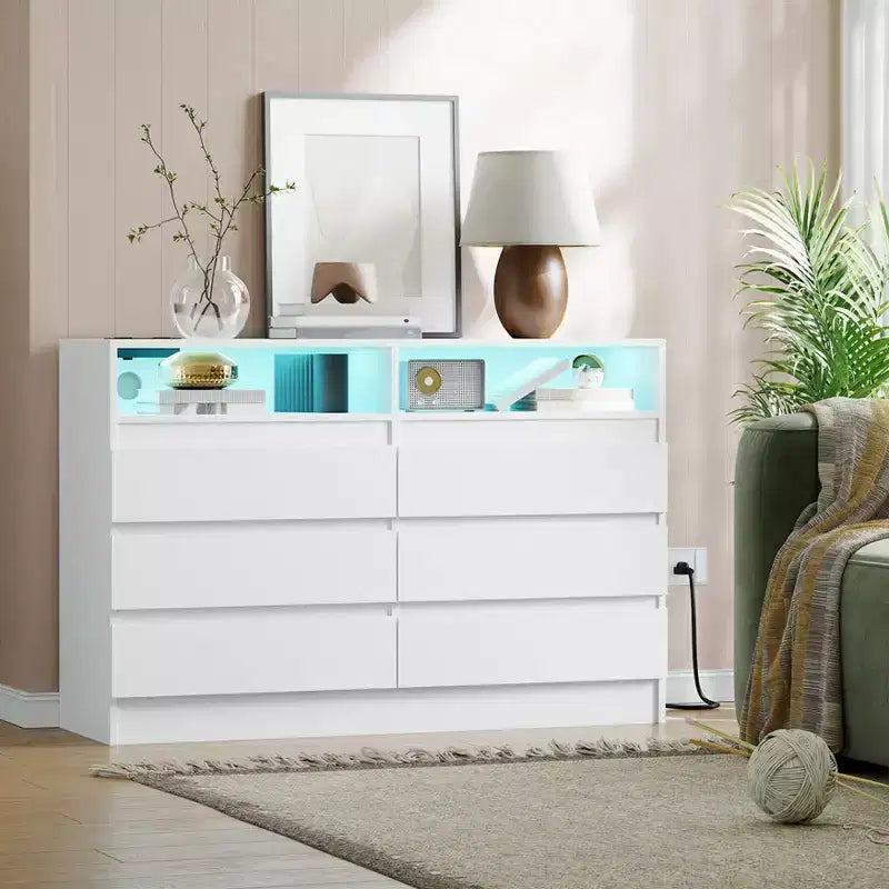 Commode double à 6 tiroirs avec lumière LED et prise de courant