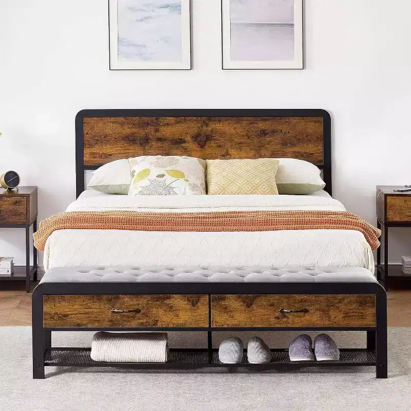 Bed Frame with Ottoman Storage, Sturdy Metal Slats, Mattress Foundation with Safe Rounded Corners, No Box Spring Required