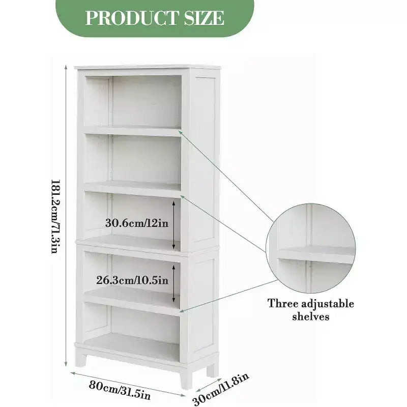 Bibliothèque en bois à 5 niveaux de 181 cm de haut avec 3 étagères réglables, bibliothèque étroite de 30 cm de large sur pied pour salon, chambre à coucher - Blanc