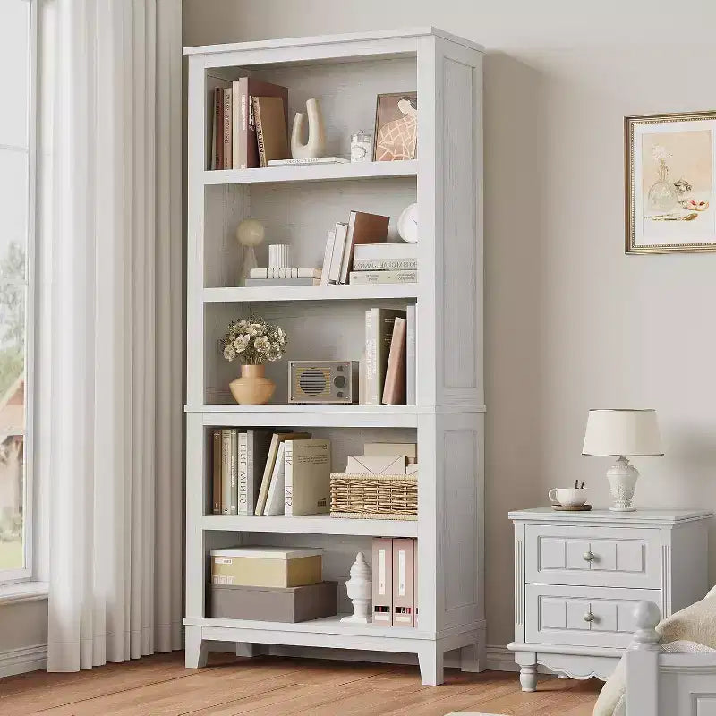 Bibliothèque en bois à 5 niveaux de 181 cm de haut avec 3 étagères réglables, bibliothèque étroite de 30 cm de large sur pied pour salon, chambre à coucher - Blanc