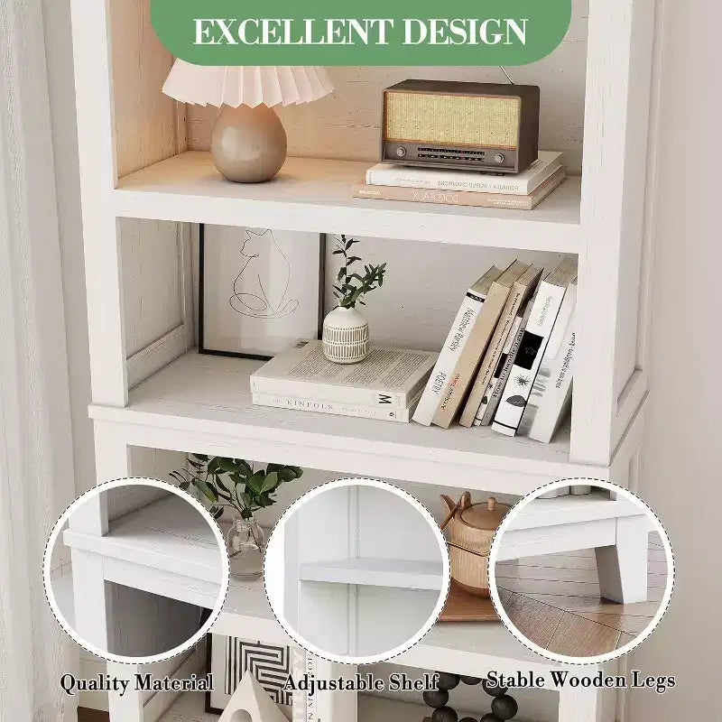 Bibliothèque en bois à 5 niveaux de 181 cm de haut avec 3 étagères réglables, bibliothèque étroite de 30 cm de large sur pied pour salon, chambre à coucher - Blanc