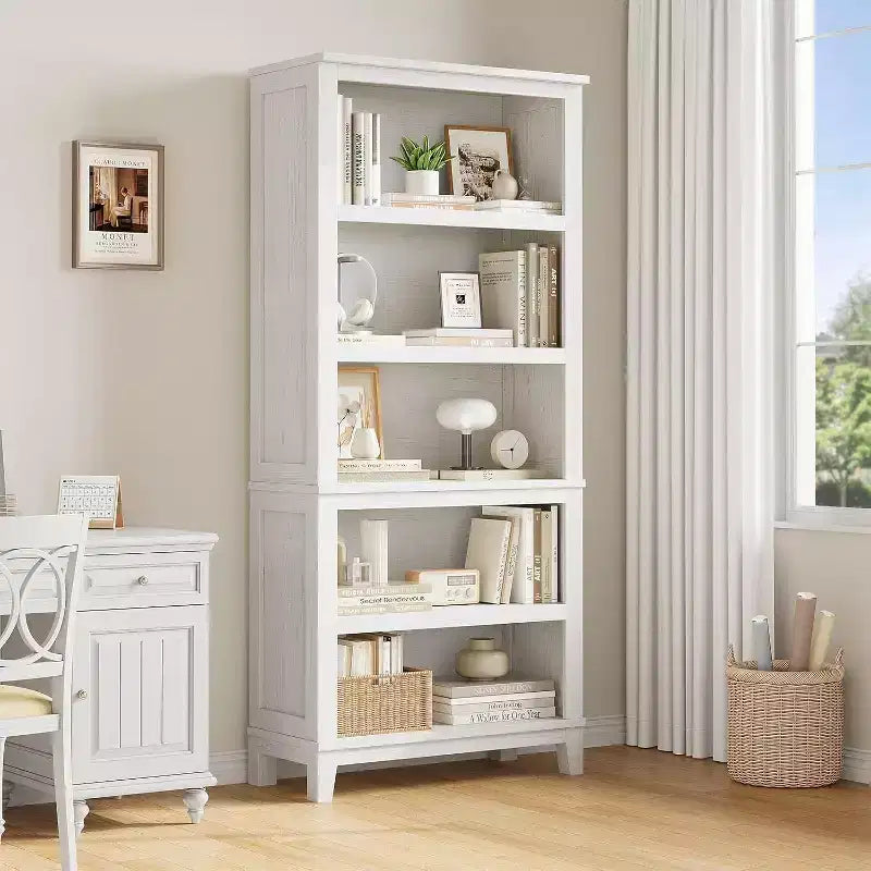 Bibliothèque en bois à 5 niveaux de 181 cm de haut avec 3 étagères réglables, bibliothèque étroite de 30 cm de large sur pied pour salon, chambre à coucher - Blanc