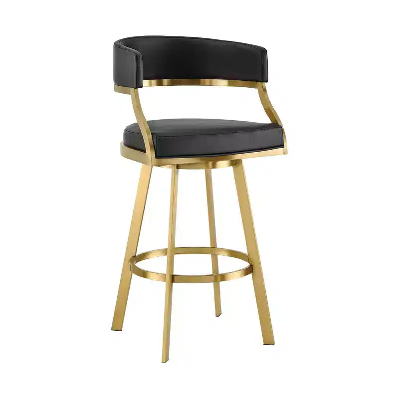 HomeRoots 26 Black and Gold Faux Leather and Stainless Steel Low Back Counter Height Swivel Bar Chair