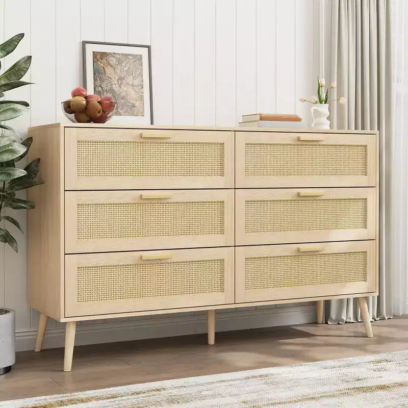 Commode Moderne en Rotin pour Chambre à Coucher avec 6 Tiroirs Larges et Poignées en Bois, Armoire de Rangement pour Salon Couloir Entrée