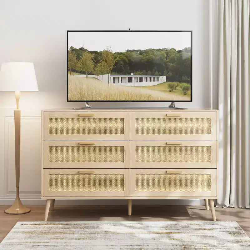 Commode Moderne en Rotin pour Chambre à Coucher avec 6 Tiroirs Larges et Poignées en Bois, Armoire de Rangement pour Salon Couloir Entrée