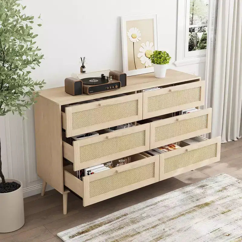 Commode Moderne en Rotin pour Chambre à Coucher avec 6 Tiroirs Larges et Poignées en Bois, Armoire de Rangement pour Salon Couloir Entrée