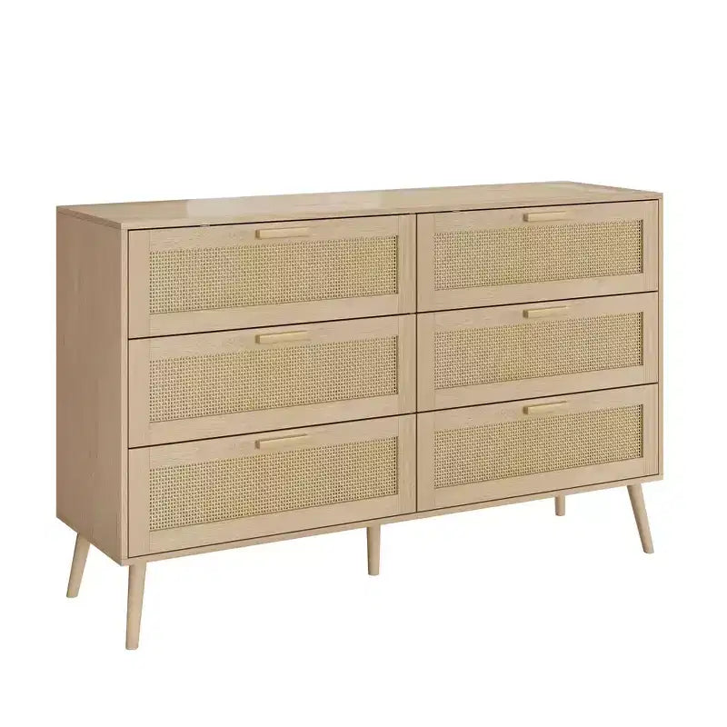 Commode Moderne en Rotin pour Chambre à Coucher avec 6 Tiroirs Larges et Poignées en Bois, Armoire de Rangement pour Salon Couloir Entrée