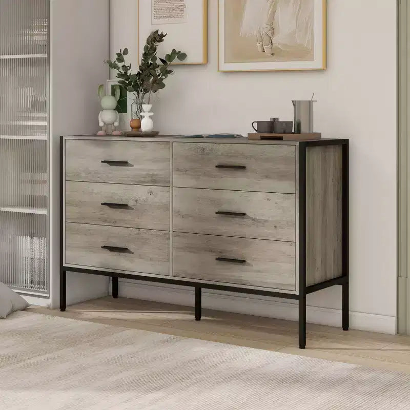 Commode Moderne en Rotin pour Chambre à Coucher avec 6 Tiroirs Larges et Poignées en Bois, Armoire de Rangement pour Salon Couloir Entrée