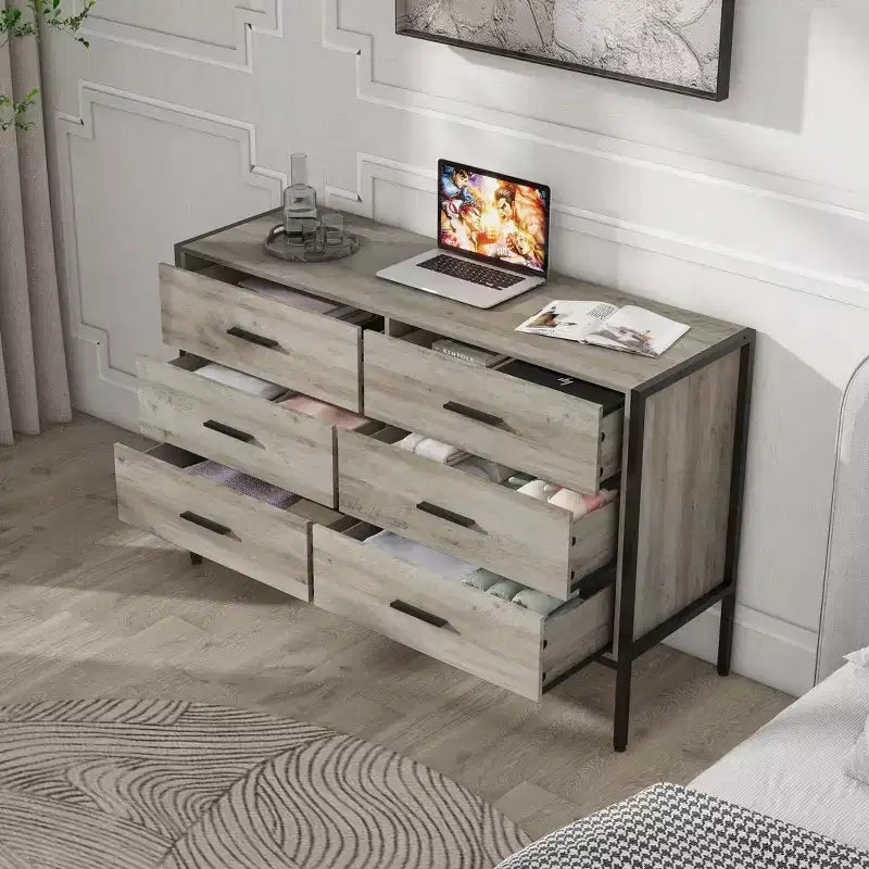 Commode Moderne en Rotin pour Chambre à Coucher avec 6 Tiroirs Larges et Poignées en Bois, Armoire de Rangement pour Salon Couloir Entrée