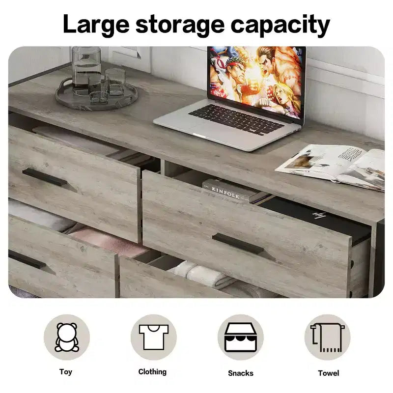 Commode Moderne en Rotin pour Chambre à Coucher avec 6 Tiroirs Larges et Poignées en Bois, Armoire de Rangement pour Salon Couloir Entrée