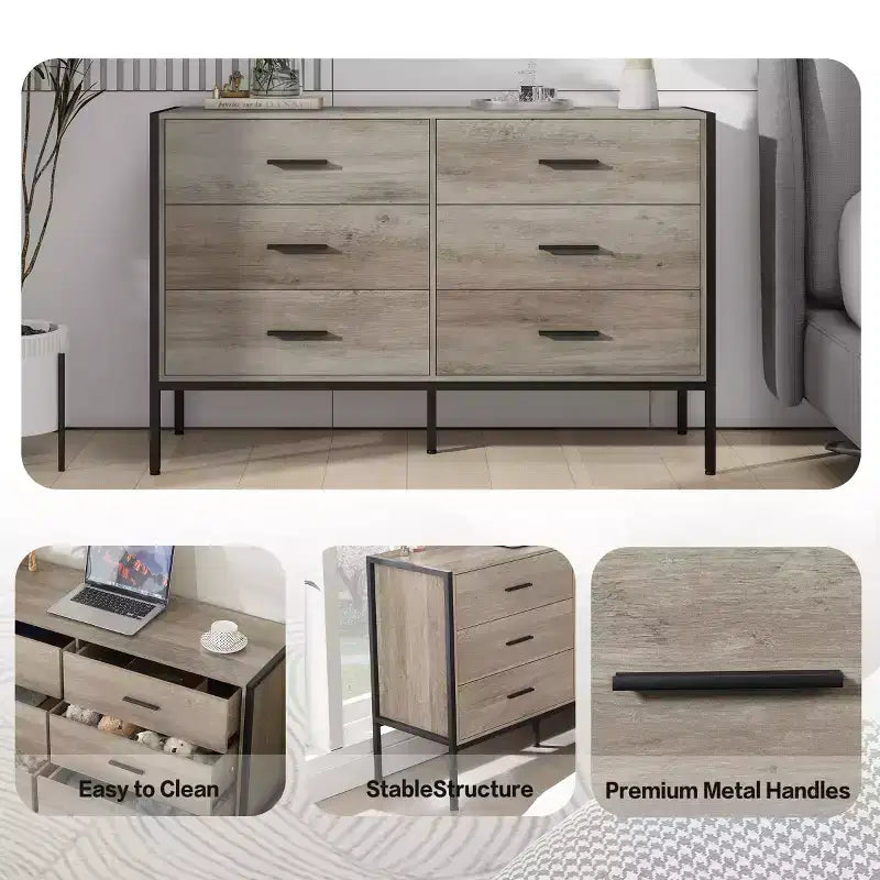 Commode Moderne en Rotin pour Chambre à Coucher avec 6 Tiroirs Larges et Poignées en Bois, Armoire de Rangement pour Salon Couloir Entrée