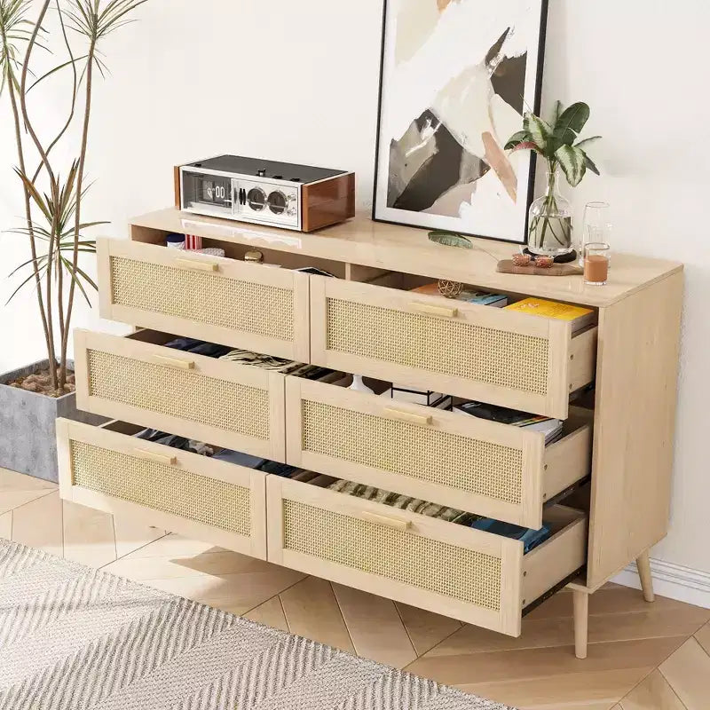 Commode Moderne en Rotin pour Chambre à Coucher avec 6 Tiroirs Larges et Poignées en Bois, Armoire de Rangement pour Salon Couloir Entrée