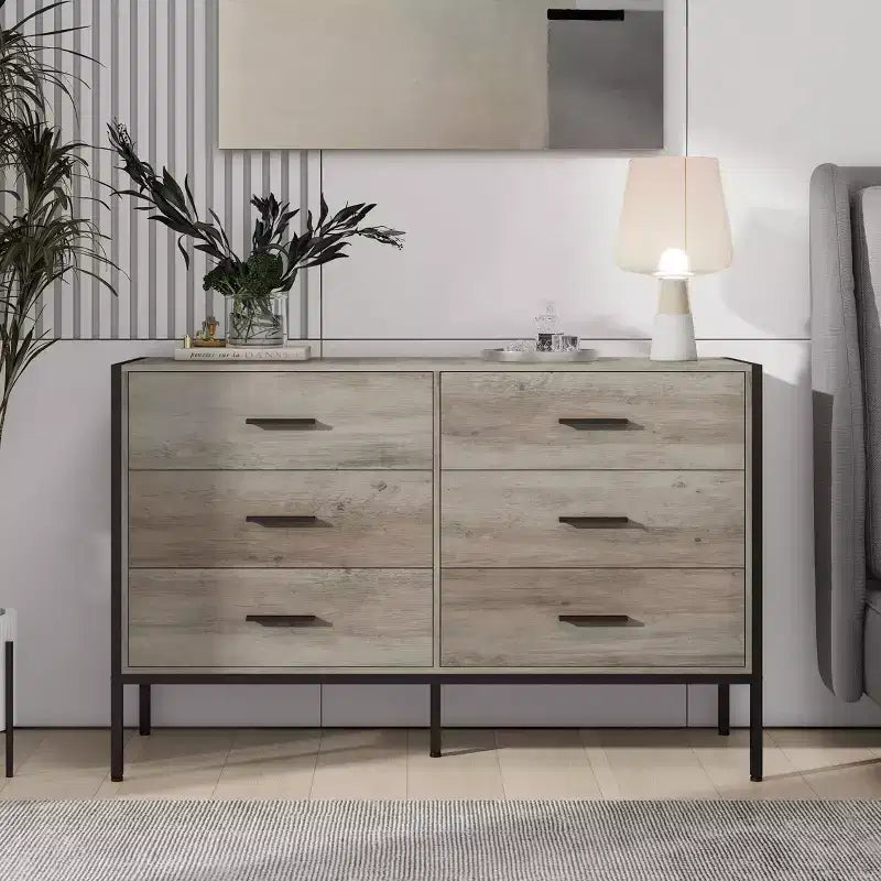 Commode Moderne en Rotin pour Chambre à Coucher avec 6 Tiroirs Larges et Poignées en Bois, Armoire de Rangement pour Salon Couloir Entrée