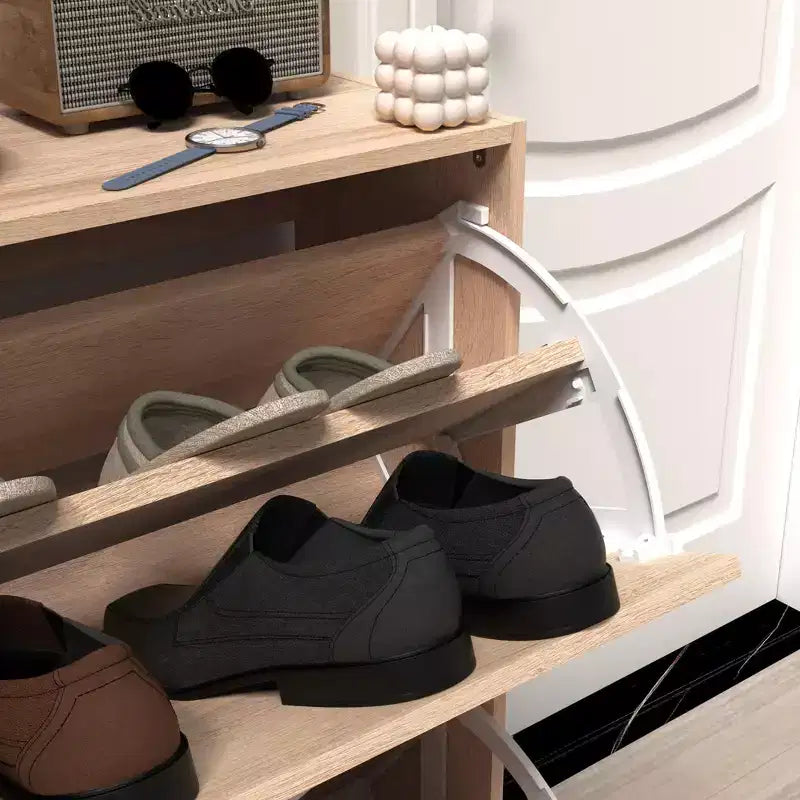 Meuble à chaussures ventilé avec 3 portes basculantes et étagères réglables, organisateur de chaussures autoportant en bois avec dispositif anti-basculement pour entrée