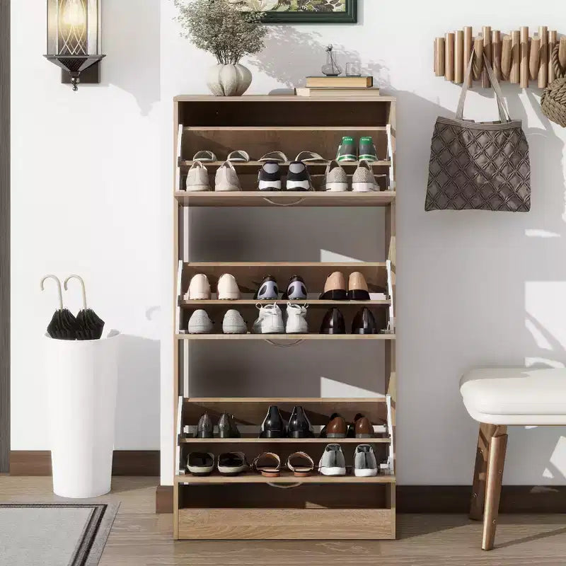 Meuble à chaussures ventilé avec 3 portes basculantes et étagères réglables, organisateur de chaussures autoportant en bois avec dispositif anti-basculement pour entrée