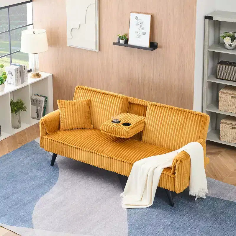 Canapés Minimalistes pour Salon Canapé Lit Convertible en Corduroy Droit avec Dossier Réglable et Porte-Gobelet