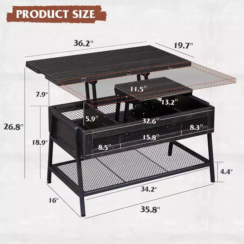 Table basse relevable 3-en-1 avec compartiment caché, table basse multifonctionnelle transformable en table à manger pour salon, noir charbon