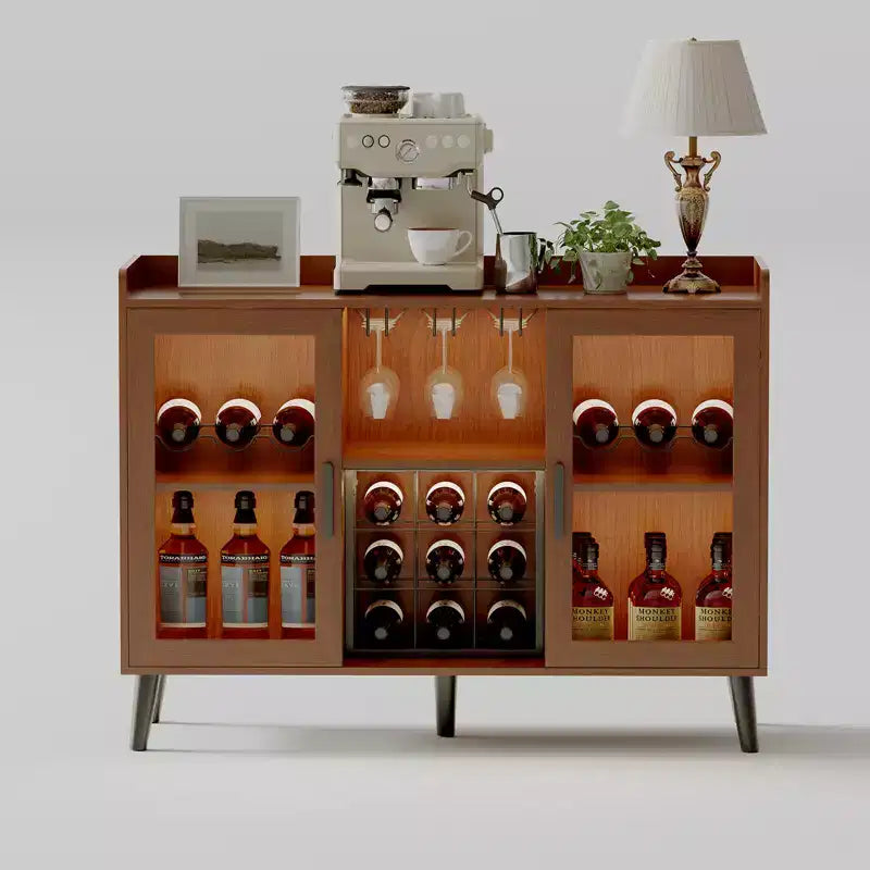 Meuble bar à vin en bois de 119 cm avec casier à bouteilles et porte vitrée, Noir/Marron, Buffet de rangement