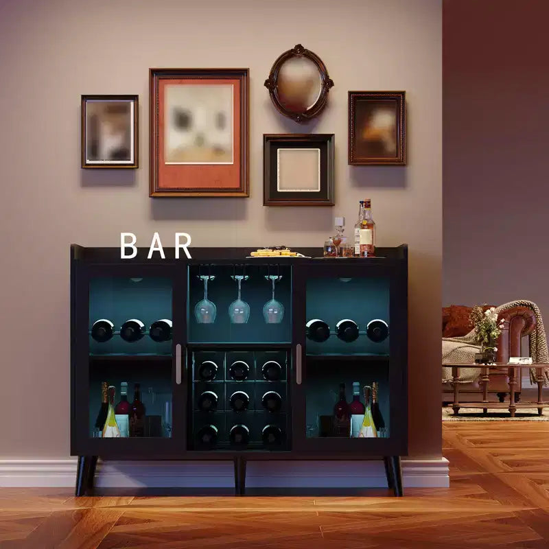 Meuble bar à vin en bois de 119 cm avec casier à bouteilles et porte vitrée, Noir/Marron, Buffet de rangement