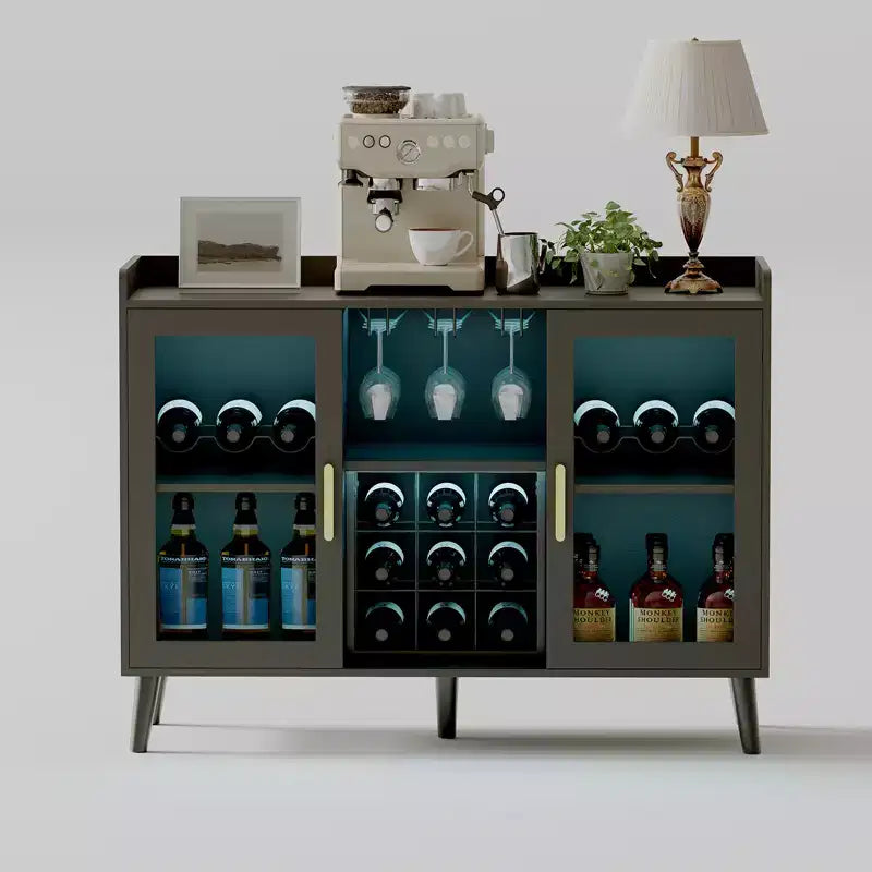 Meuble bar à vin en bois de 119 cm avec casier à bouteilles et porte vitrée, Noir/Marron, Buffet de rangement