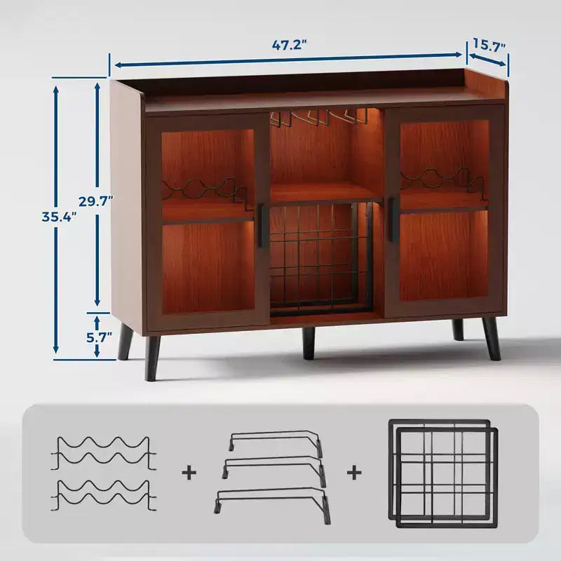 Meuble bar à vin en bois de 119 cm avec casier à bouteilles et porte vitrée, Noir/Marron, Buffet de rangement