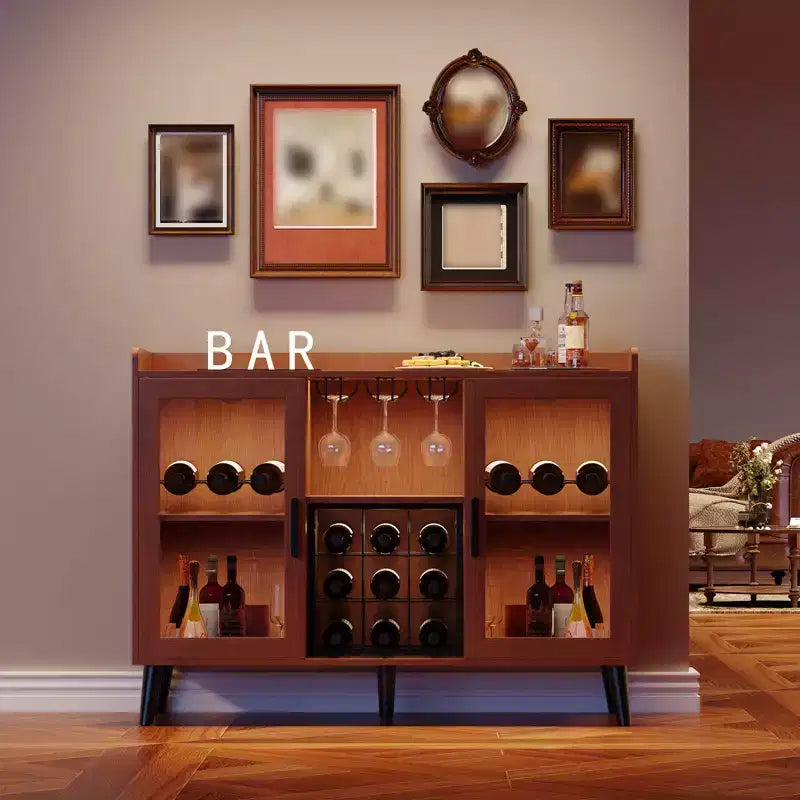 Meuble bar à vin en bois de 119 cm avec casier à bouteilles et porte vitrée, Noir/Marron, Buffet de rangement