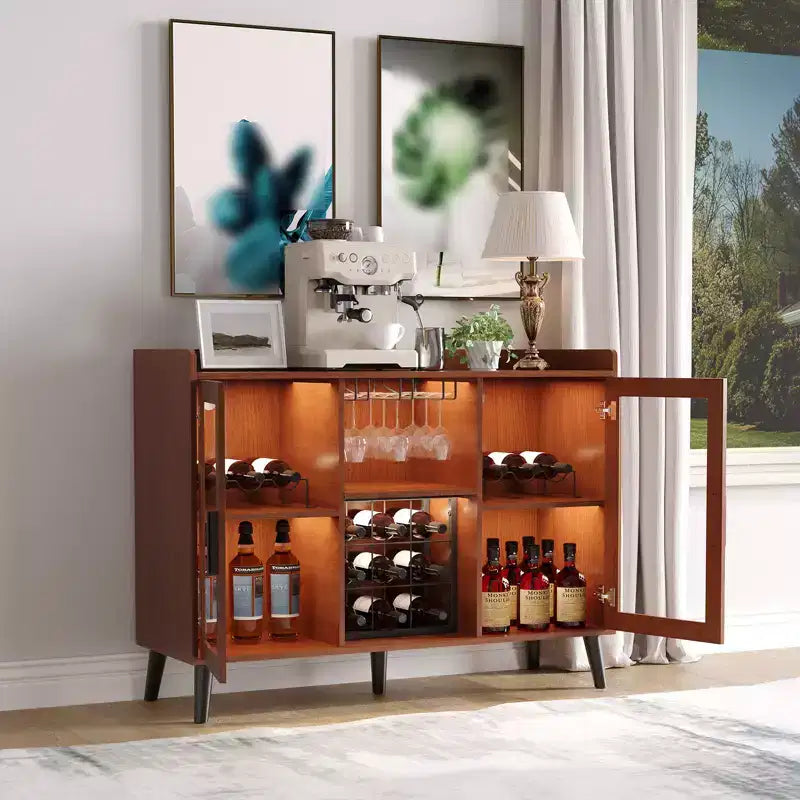 Meuble bar à vin en bois de 119 cm avec casier à bouteilles et porte vitrée, Noir/Marron, Buffet de rangement