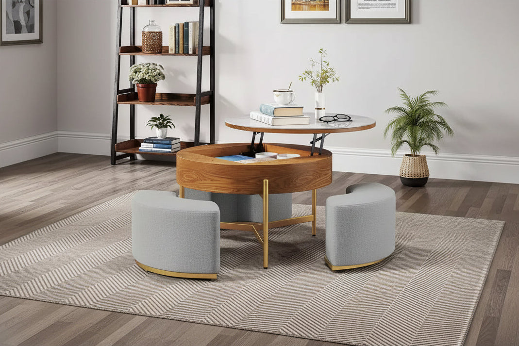 Round Lift Top Coffee Table With Storage Hidden Compartment with 3 Stools Modern Coffee Table With Stone Tabletop For Living Room