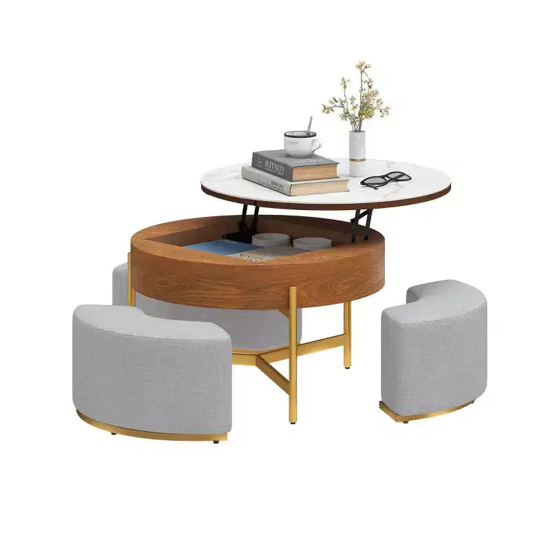 Table basse ronde relevable avec 3 tabourets – Plateau en pierre, marron et blanc, hauteur réglable