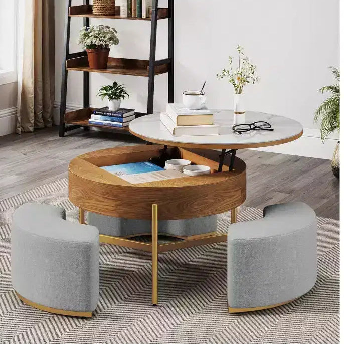 Table basse ronde relevable avec 3 tabourets – Plateau en pierre, marron et blanc, hauteur réglable