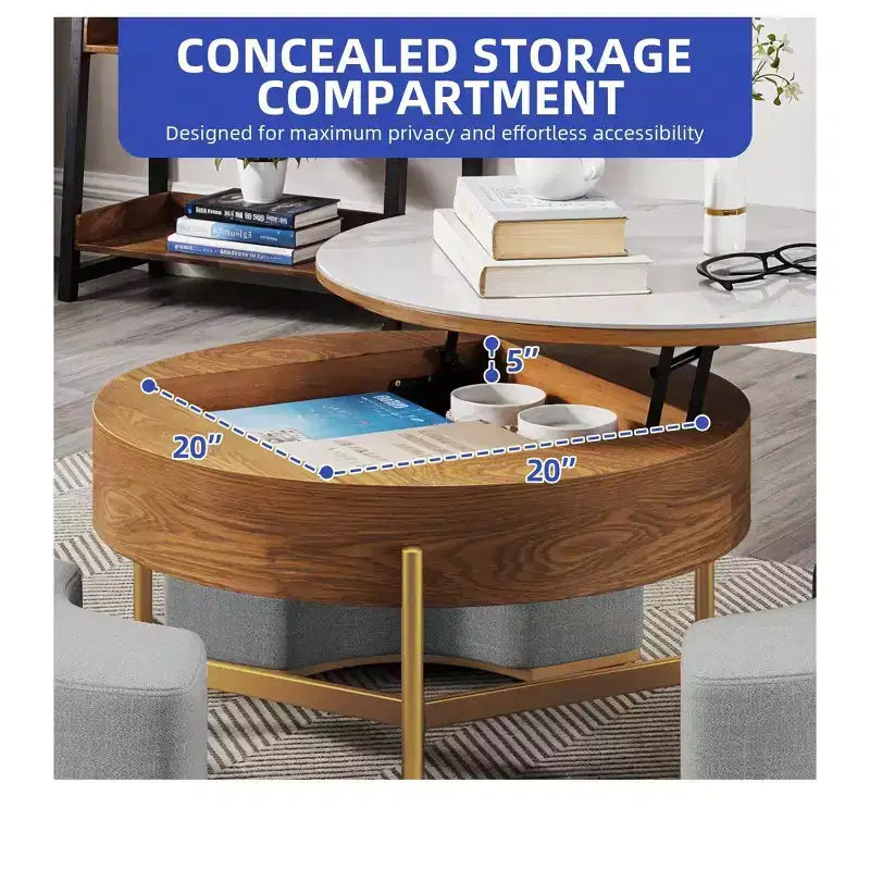 Table basse ronde relevable avec 3 tabourets – Plateau en pierre, marron et blanc, hauteur réglable