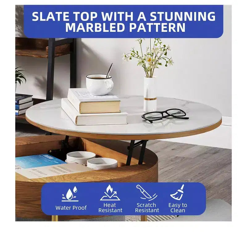 Table basse ronde relevable avec 3 tabourets – Plateau en pierre, marron et blanc, hauteur réglable
