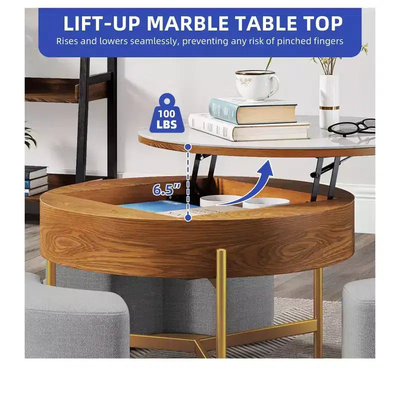 Table basse ronde relevable avec 3 tabourets – Plateau en pierre, marron et blanc, hauteur réglable