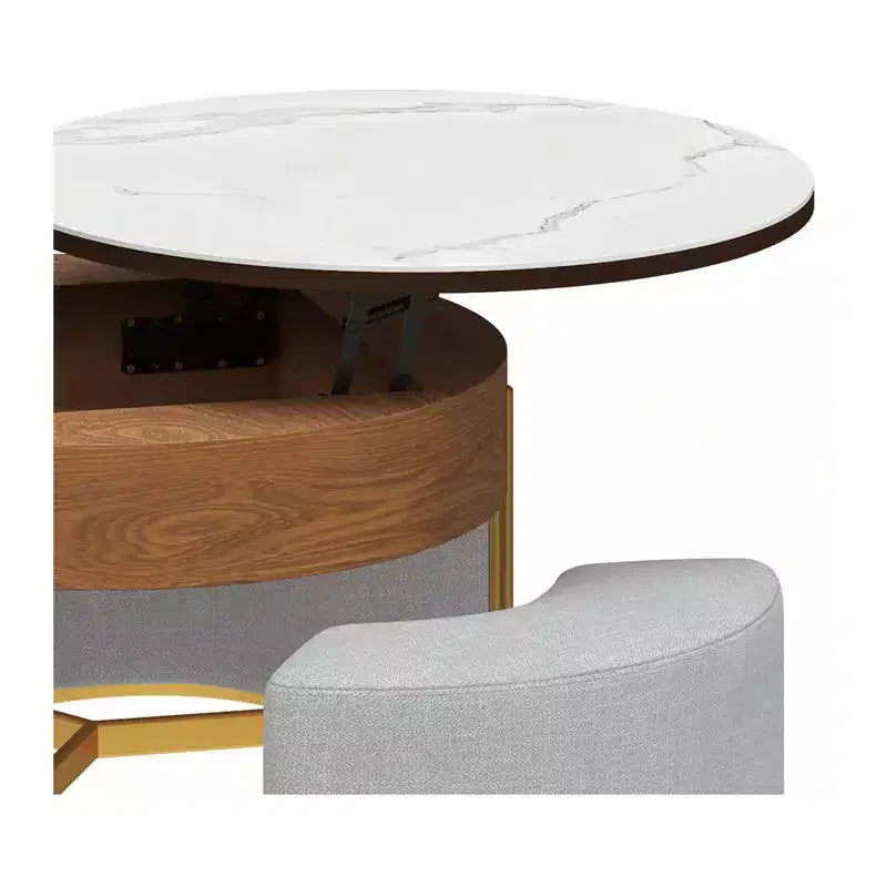 Table basse ronde relevable avec 3 tabourets – Plateau en pierre, marron et blanc, hauteur réglable
