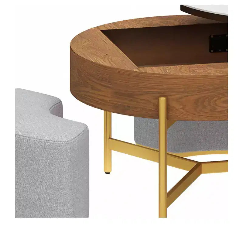 Table basse ronde relevable avec 3 tabourets – Plateau en pierre, marron et blanc, hauteur réglable