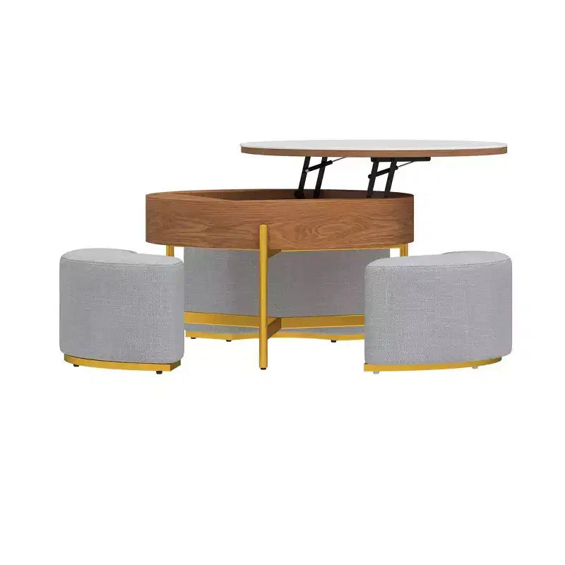 Table basse ronde relevable avec 3 tabourets – Plateau en pierre, marron et blanc, hauteur réglable