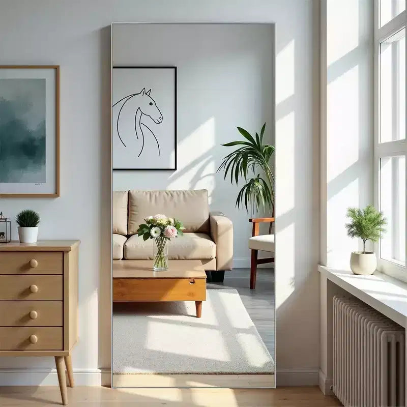 MAYEERTY Aluminum Alloy Minimlist Modern High Definition Dressing Mirror with Stand Silver for Bedroom Entryway