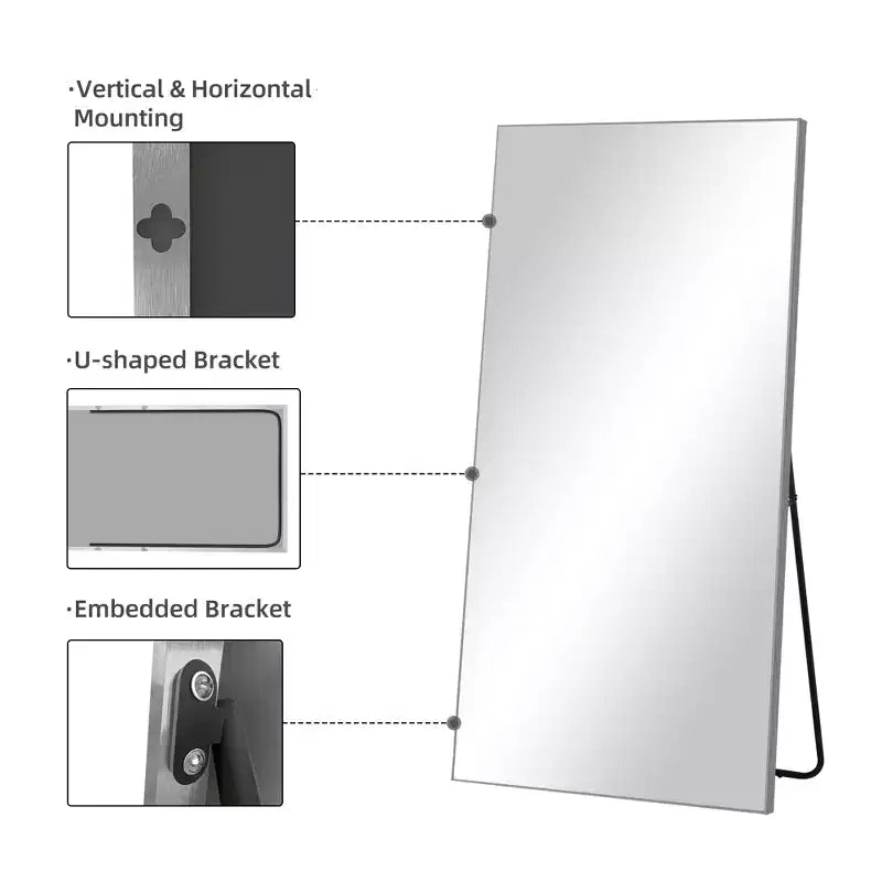 Miroir pleine longueur en alliage d'aluminium avec support, Argent, 80 cm × 180 cm