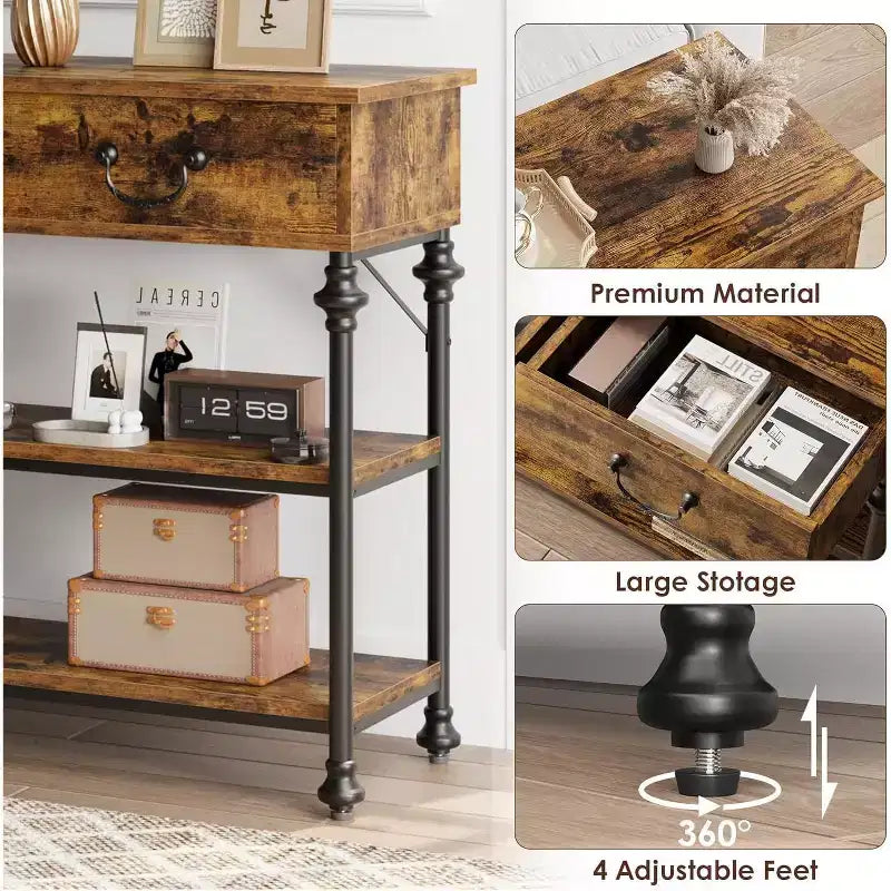 Console avec 2 tiroirs et étagères de rangement, Gris / Couleur Rétro